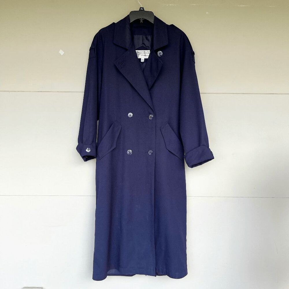 J. Gallery Navy Blue Long Trench Coat Belted Double Breasted Classic 80s/90s